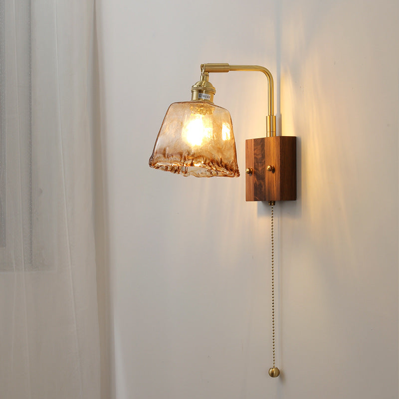 Traditional Vintage Full Copper Amber Glass Square Shade 1-Light Wall Sconce Lamp For Bedroom