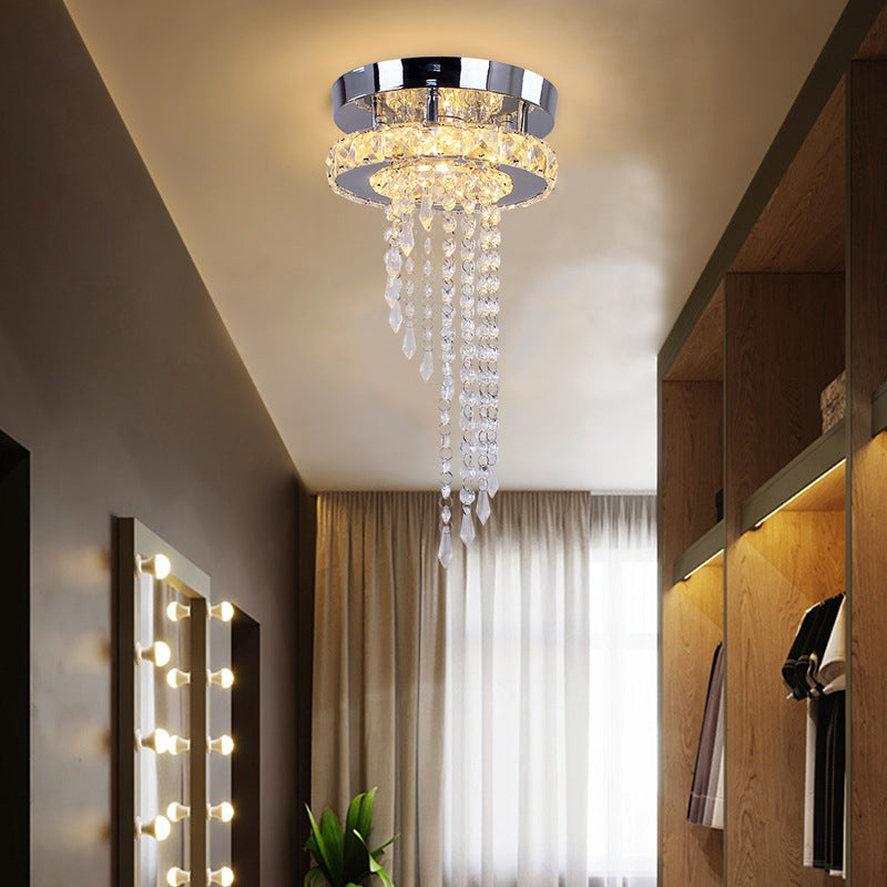 Contemporary Luxury Double Layer Round Stainless Steel Crystal Bead LED Flush Mount Ceiling Light For Living Room