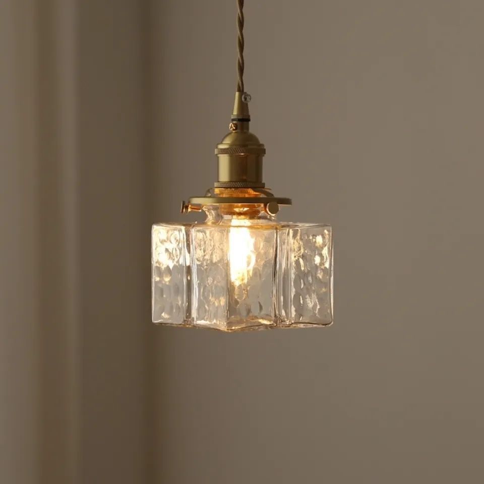 Traditional Japanese Glass Cube Shade Brass 1-Light Pendant Light For Living Room