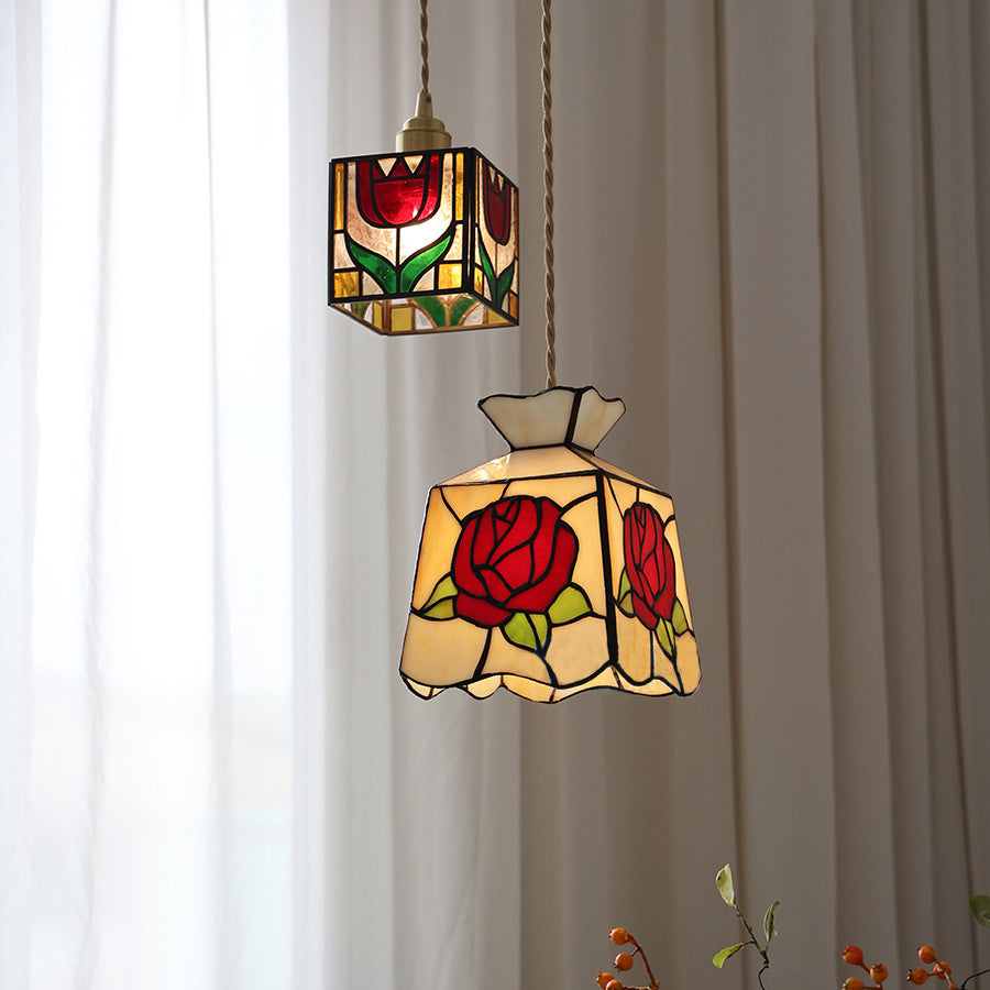 Traditional Tiffany Square Tulip Red Rose Rubik's Cube Brass Stained Glass 1-Light Pendant Light For Living Room