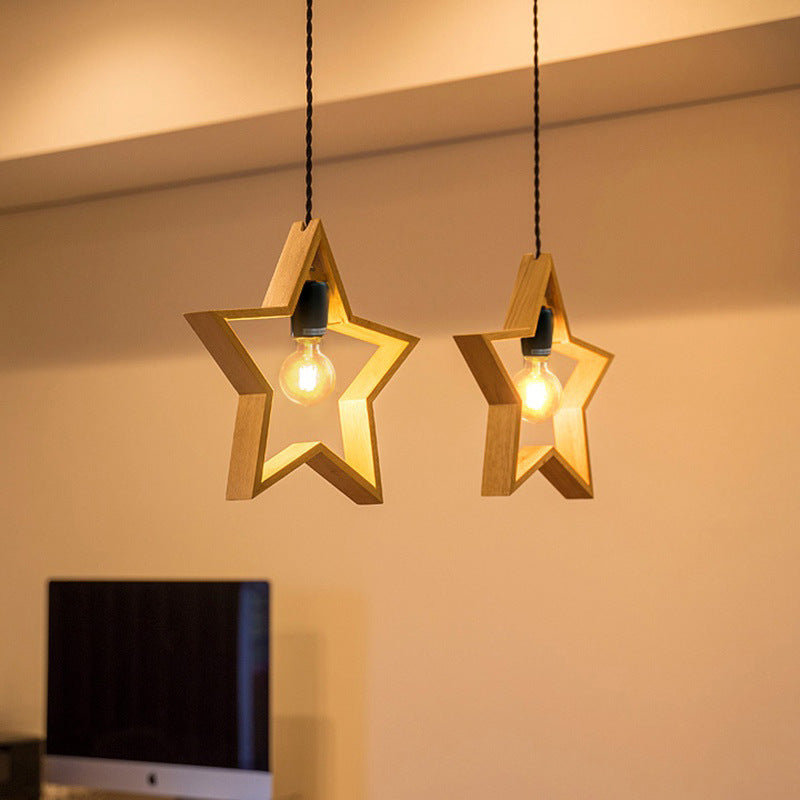 Contemporary Creative Solid Wood Pentagram Star 1-Light Pendant Light For Living Room