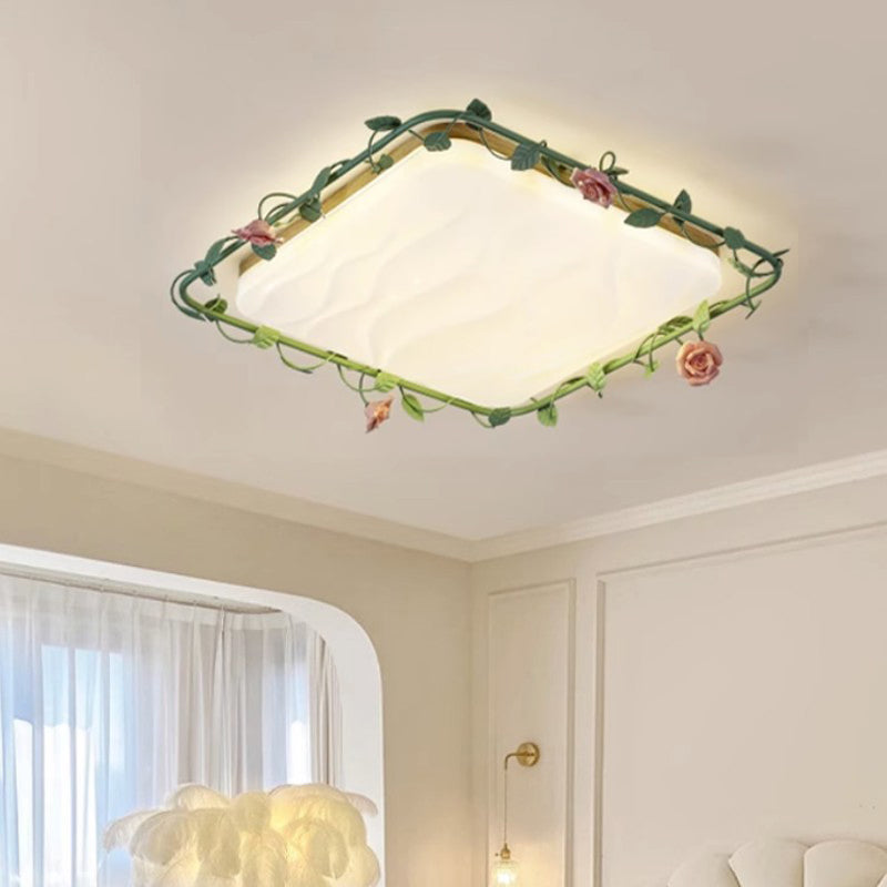 Contemporary Creative Round Square Rose Leaf Iron Rubberwood Acrylic Ceramic LED Flush Mount Ceiling Light For Bedroom