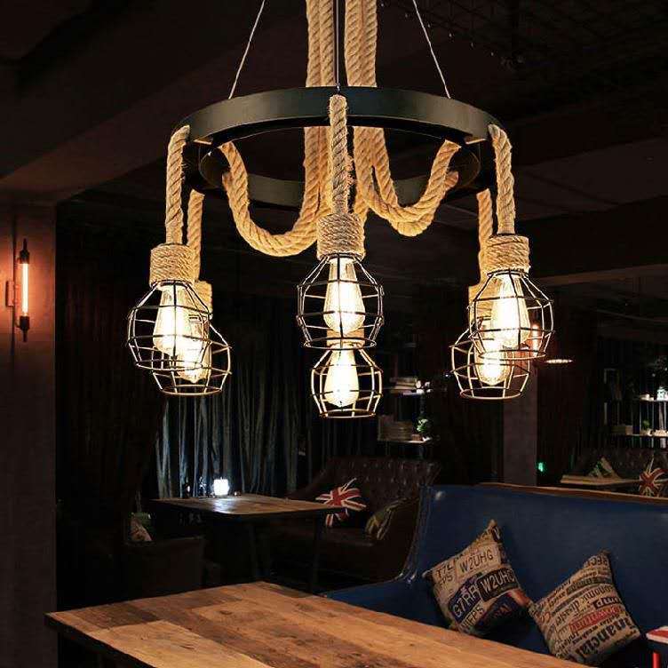 Traditional Rustic Hemp Rope Weaving Iron Cage 6/8-Light Chandelier For Dining Room