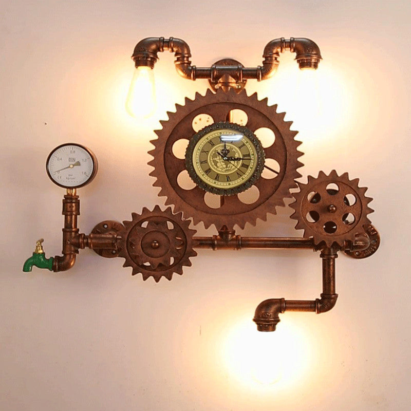 Contemporary Industrial Iron Water Pipe Wood Gear Dashboard 3-Light Wall Sconce Lamp For Entertainment Room