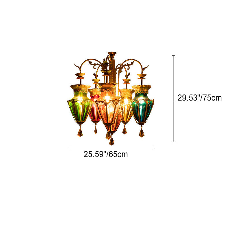 Traditional Tiffany Conical Openwork Carved Iron Glass 6-Light Chandelier For Dining Room