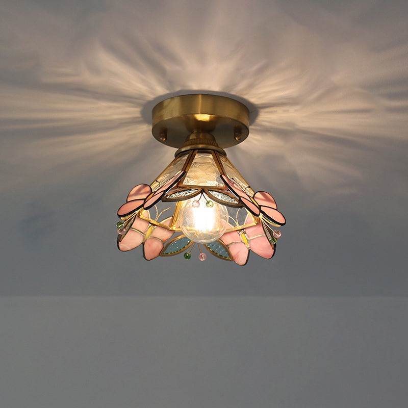 Traditional Vintage Cone Butterfly Brass Glass 1-Light Semi-Flush Mount Ceiling Light For Living Room