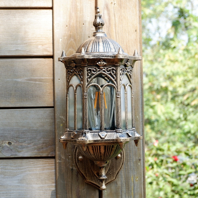 Traditional European Hexagonal Aluminum Watermarked Glass 1-Light Wall Sconce Lamp For Outdoor Patio