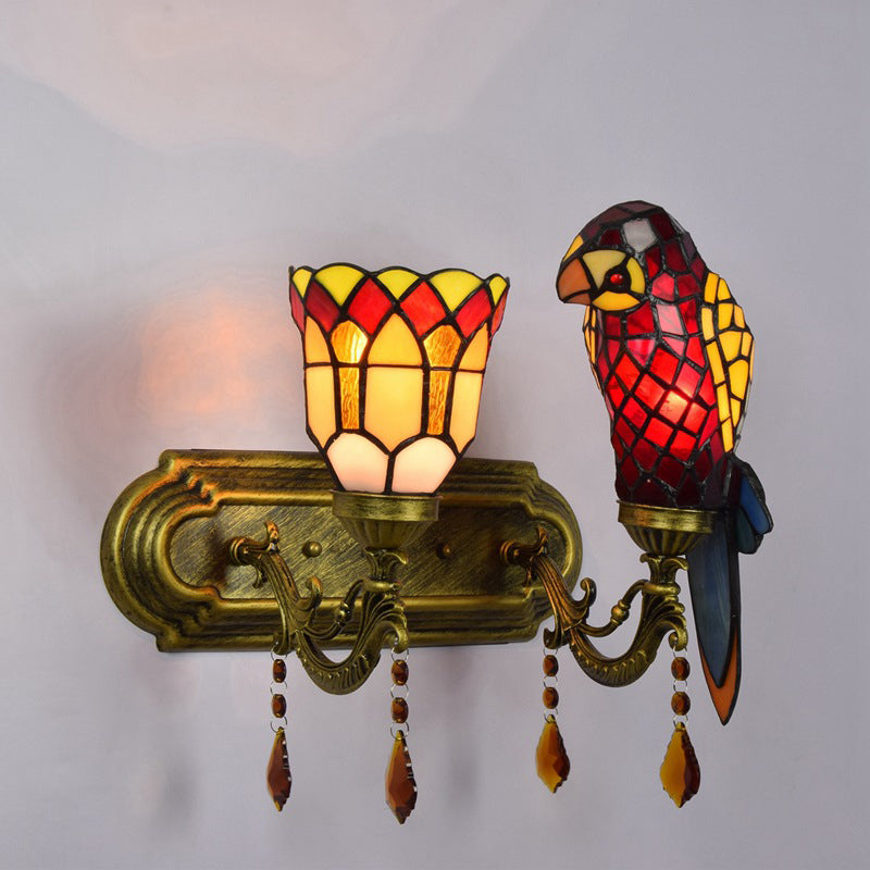 Traditional Tiffany Parrot Stained Glass Crystal String 2-Light Wall Sconce Lamp For Living Room