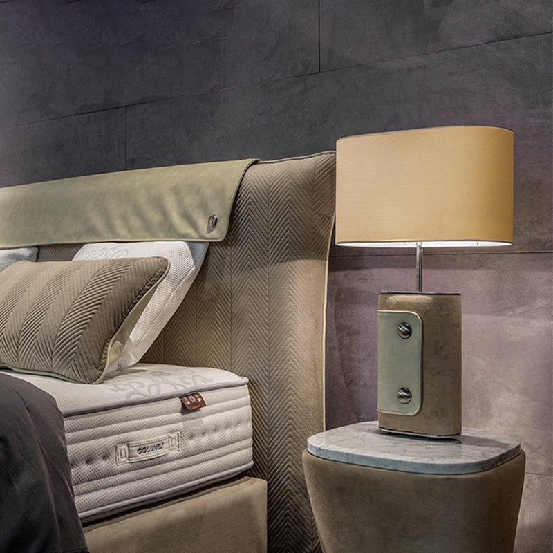 Modern Transitional Fabric Cylinder Shade Leather Column Base 1-Light Table Lamp For Bedroom