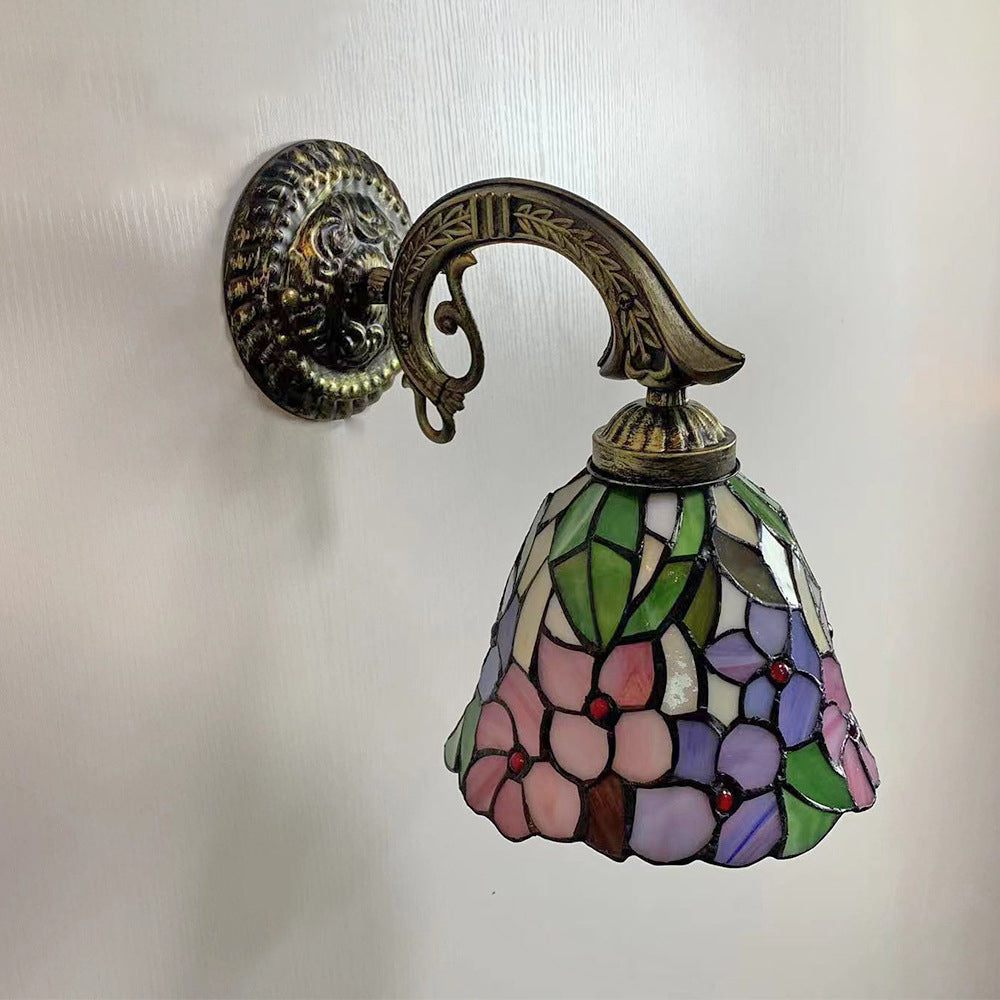 Traditional Tiffany Flower Cup Zinc Alloy Stained Glass 1-Light Wall Sconce Lamp For Bedroom