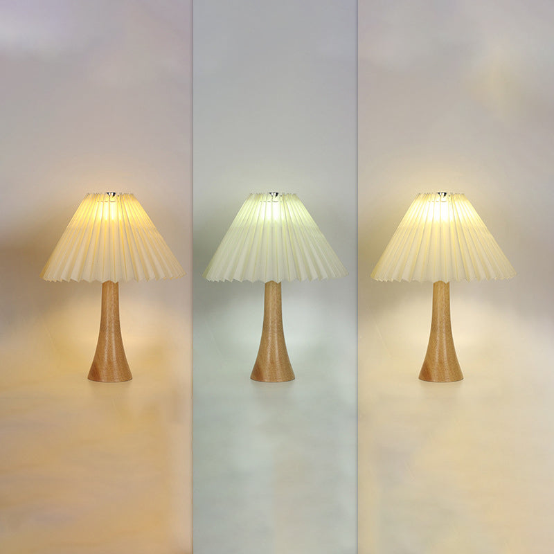 Traditional Japanese Pleated Fabric Shade Wood Column Base LED USB Table Lamp For Bedroom