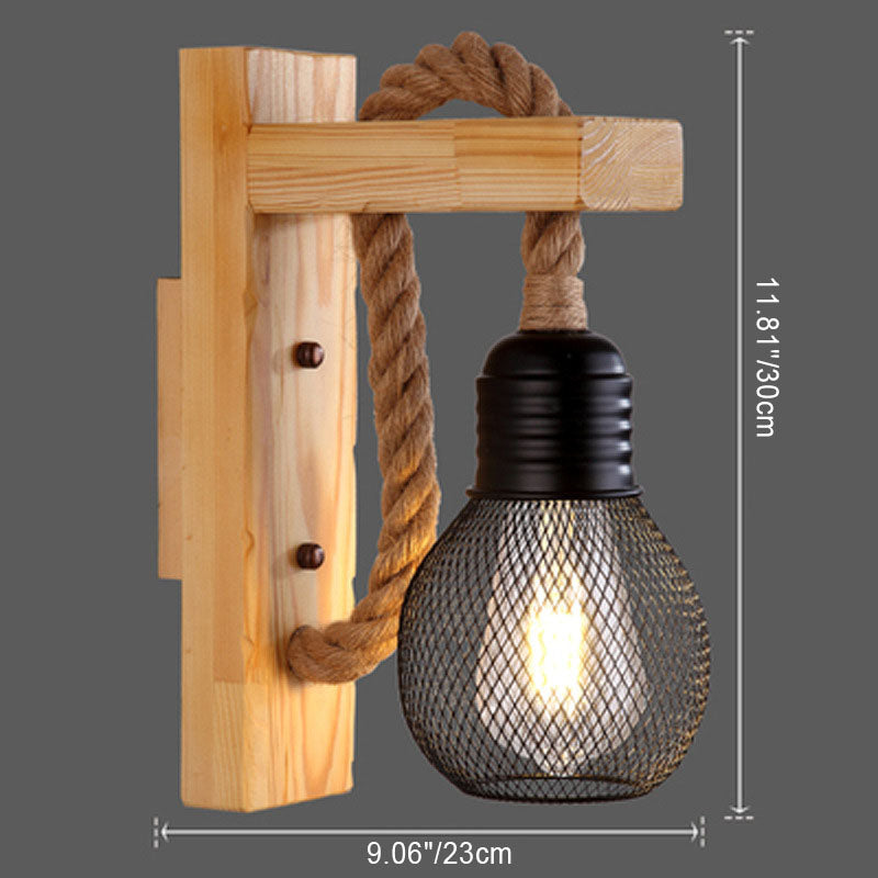 Traditional Vintage Wooden Beam Iron Cage 1-Light Wall Sconce Lamp For Living Room