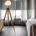 Contemporary Retro PE Round Shade Adjustable Wood Tripod Stand 1-Light Standing Floor Lamp For Bedroom