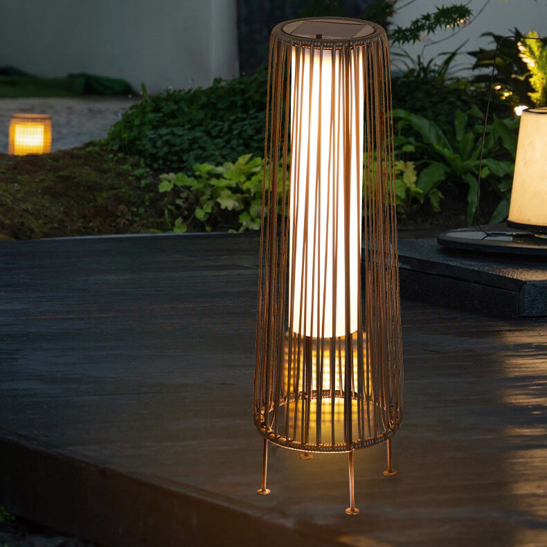 Modern Minimalist Solar Waterproof Round Vertical Pull Strip Iron Rattan LED Standing Floor Lamp For Outdoor Patio