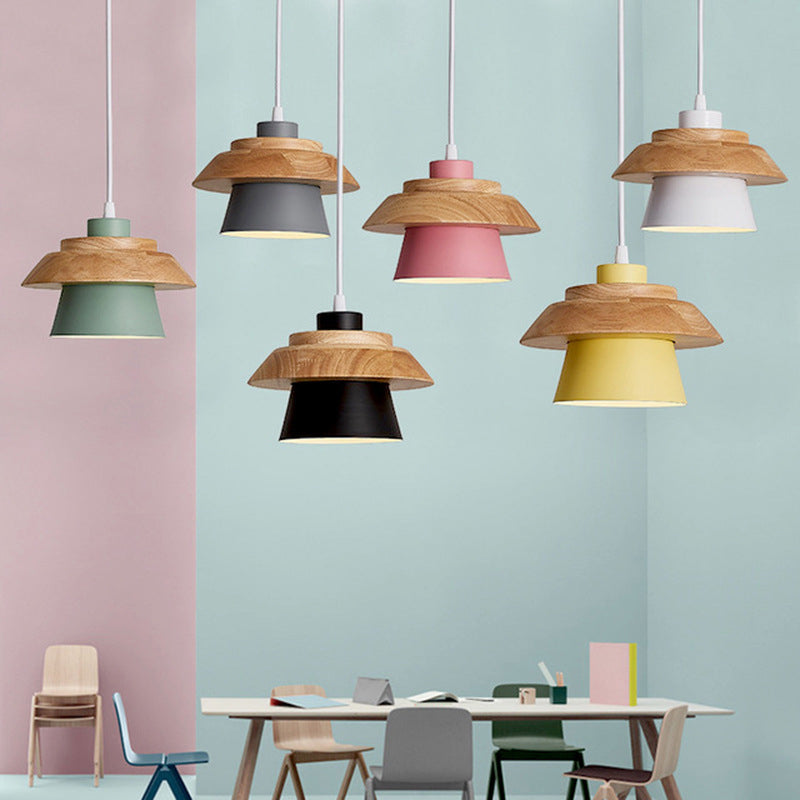 Modern Minimalist Macaron Disc Round Wooden Iron 1-Light Pendant Light For Living Room