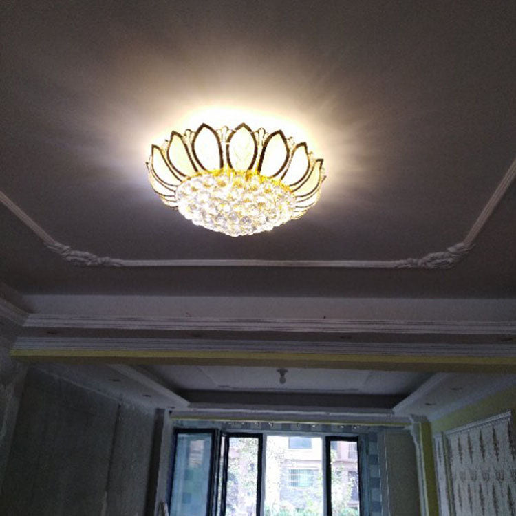 Modern Luxury Golden Glamour Lotus Frosted Glass Base Crystal Bead 4/6-Light Flush Mount Ceiling Light For Living Room