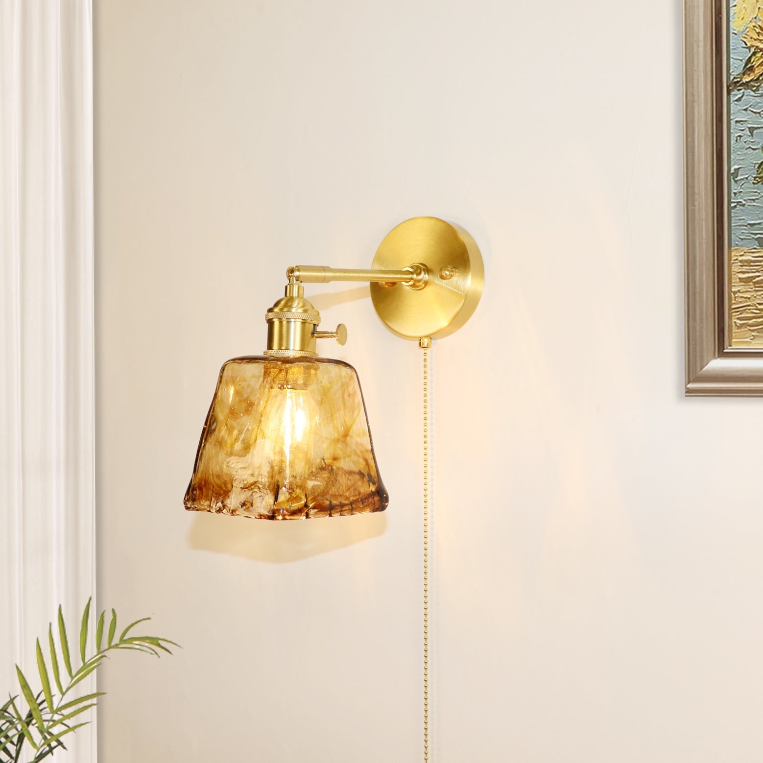 Traditional Vintage Brass Amber Square Glass Shade 1-Light Wall Sconce Lamp For Living Room