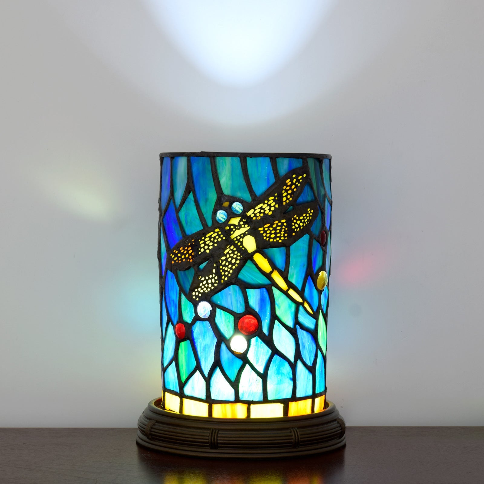 Traditional Tiffany Stained Glass Dragonfly Cylinder Shade Resin Base LED USB Table Lamp For Entertainment Room