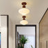 Modern Minimalist Round Lantern Wood Glass 1-Light Semi-Flush Mount Ceiling Light For Living Room