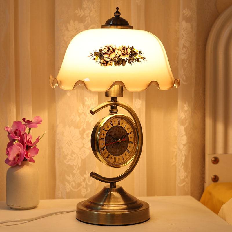 Traditional Vintage Dome Petal Clock Hardware Glass 1-Light Table Lamp For Bedroom