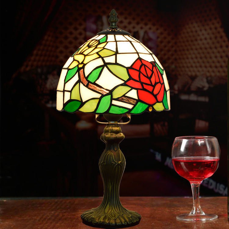 Traditional Tiffany Stained Glass Rose Flower Cone Dome 1-Light Table Lamp For Bedroom