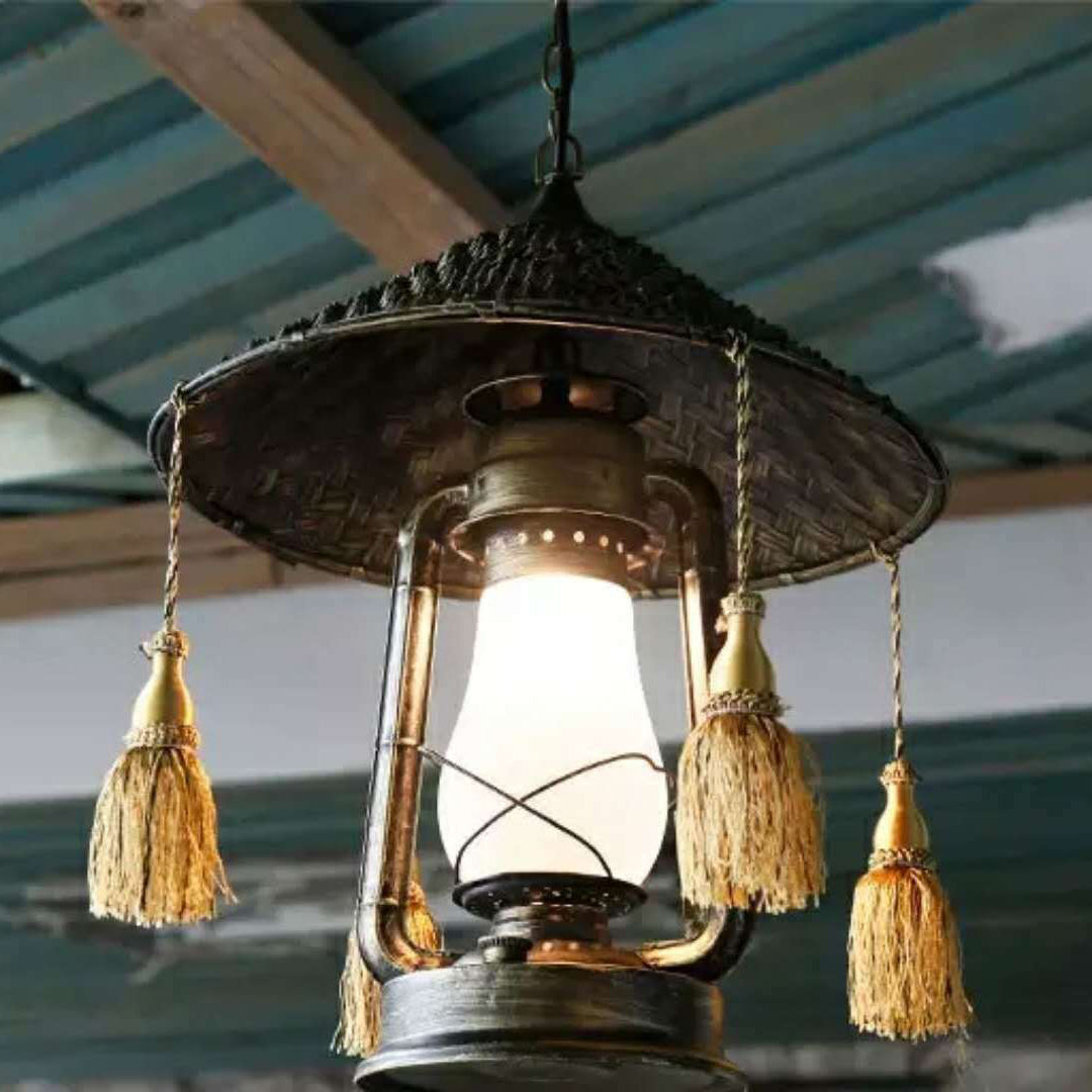 Traditional Vintage Straw Hat Horse Lamp Bamboo Iron Glass 1-Light Pendant Light For Outdoor Patio