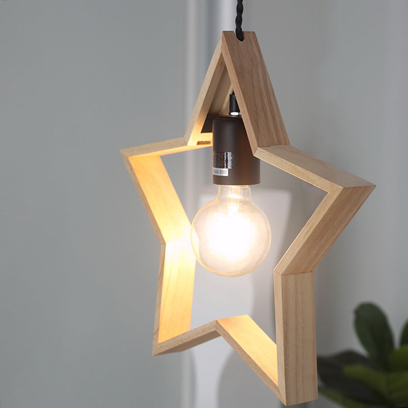 Contemporary Creative Solid Wood Pentagram Star 1-Light Pendant Light For Living Room