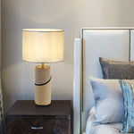 Modern Transitional Fabric Shade Leather Cylinder Base 1-Light Table Lamp For Bedroom