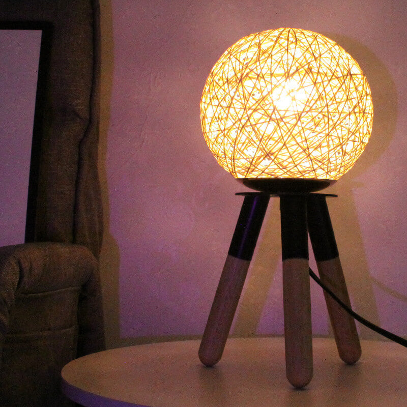 Contemporary Nordic Rattan Ball Wood Tripod 1-Light Table Lamp For Bedroom