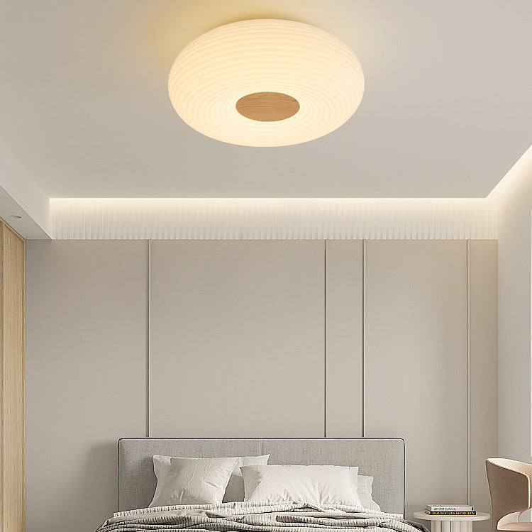 Contemporary Creative Cream PE Horizontal Stripes Round Shade LED Flush Mount Ceiling Light For Bedroom