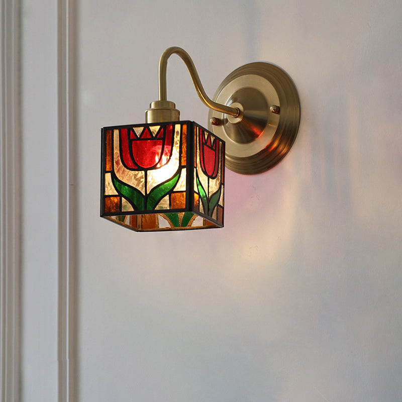 Traditional Vintage Square Rubik's Cube Tulip Brass Glass 1-Light Wall Sconce Lamp For Living Room