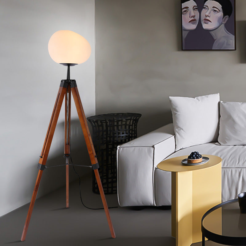 Contemporary Retro PE Round Shade Adjustable Wood Tripod Stand 1-Light Standing Floor Lamp For Bedroom