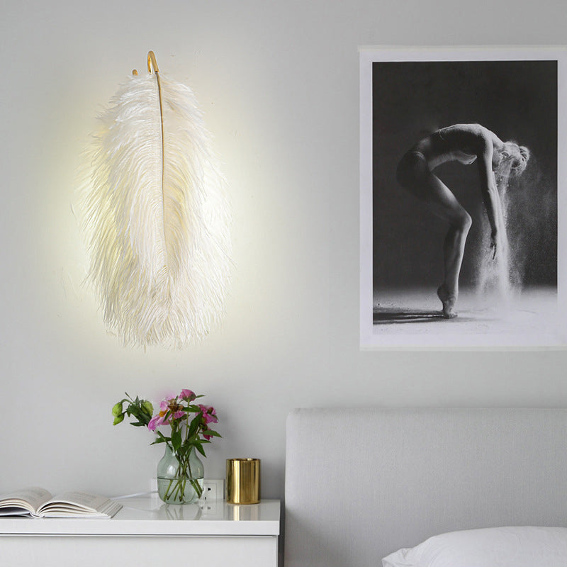 Contemporary Creative Ostrich Feather Design 1-Light Wall Sconce Lamp For Living Room