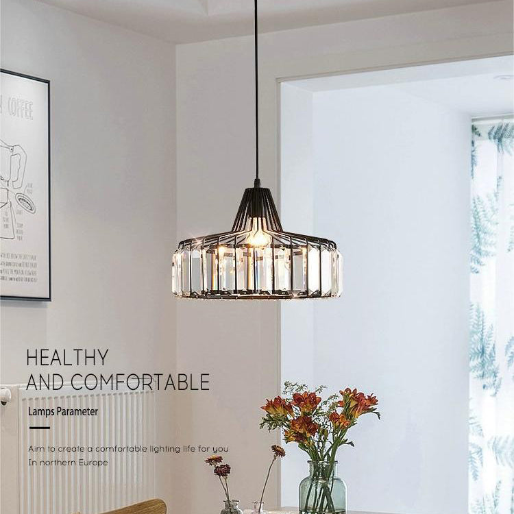 Contemporary Luxury Iron Cylinder Frame Crystal Shade 1-Light Pendant Light For Living Room