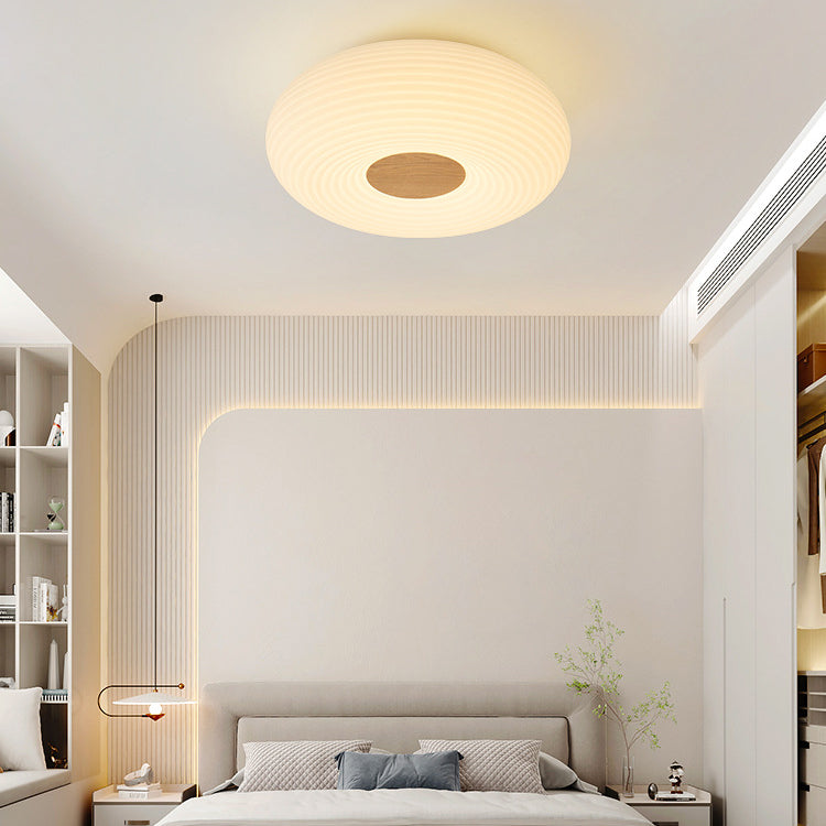 Contemporary Creative Cream PE Horizontal Stripes Round Shade LED Flush Mount Ceiling Light For Bedroom