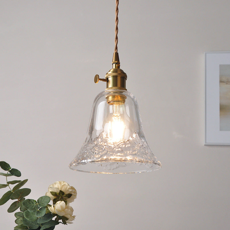 Traditional Vintage Brass Trumpet Glass Shade 1-Light Pendant Light For Bedroom