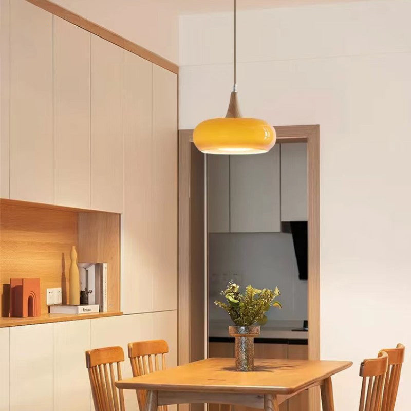 Contemporary Simplicity Persimmon Glass Shape Wood 1-Light Pendant Light For Living Room