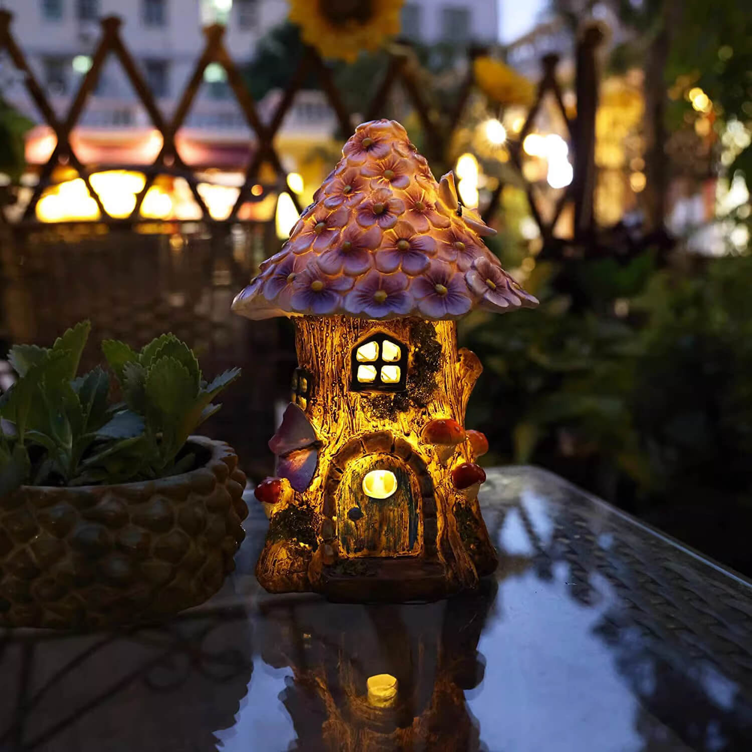 Contemporary Creative Resin Tree House Flower Mushroom Decor LED Solar Lawn Light For Garden