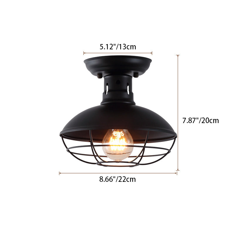 Contemporary Industrial Round Wire Mesh Iron 1-Light Semi-Flush Mount Ceiling Light For Living Room