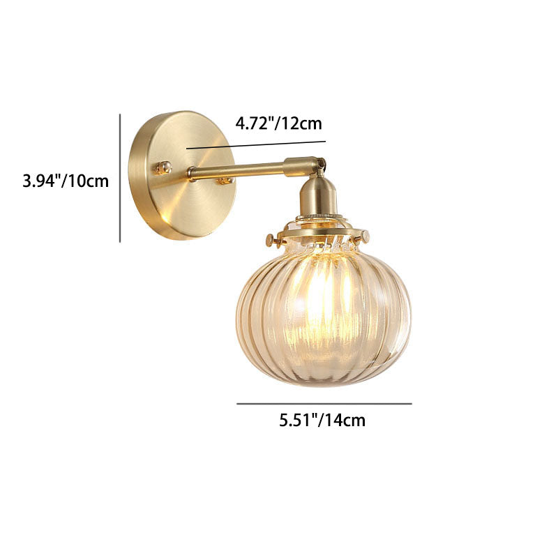 Traditional Vintage Brass Pumpkin Glass Shade 1-Light Wall Sconce Lamp For Living Room