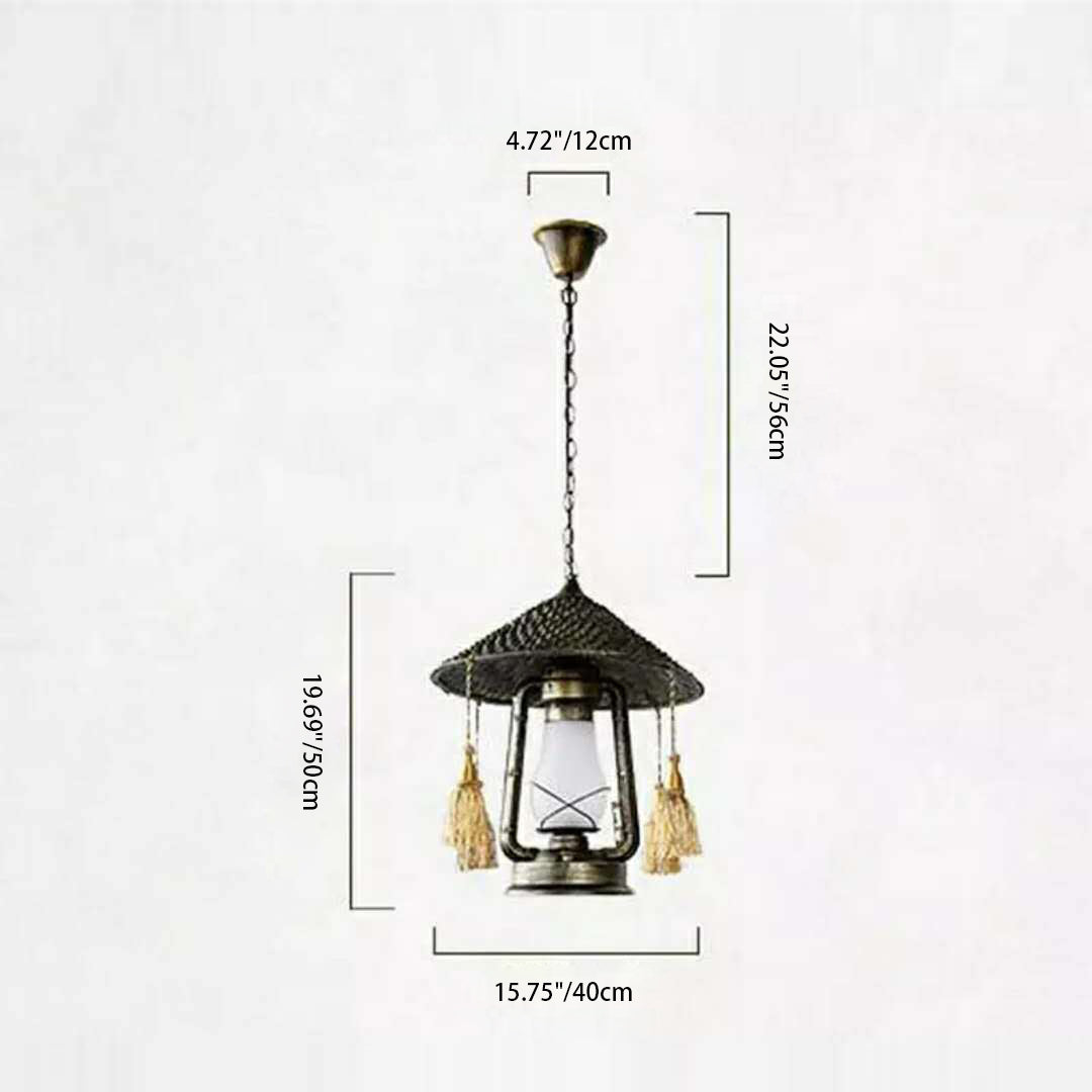 Traditional Vintage Straw Hat Horse Lamp Bamboo Iron Glass 1-Light Pendant Light For Outdoor Patio