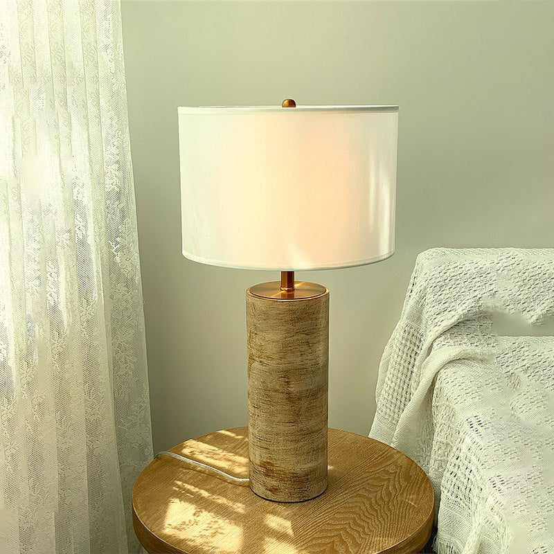 Traditional Vintage Fabric Cylinder Shade Solid Wood Base 1-Light Table Lamp For Bedroom