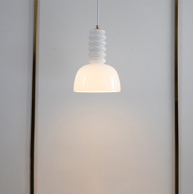 Modern Minimalist Cream Half Circle Cylinder Iron Glass 1-Light Pendant Light For Bedroom