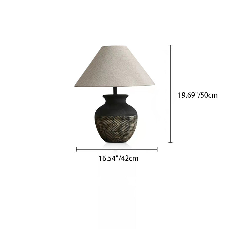 Traditional Japanese Vintage Cone Fabric Round Ceramic Jar Base 1-Light Table Lamp For Bedroom