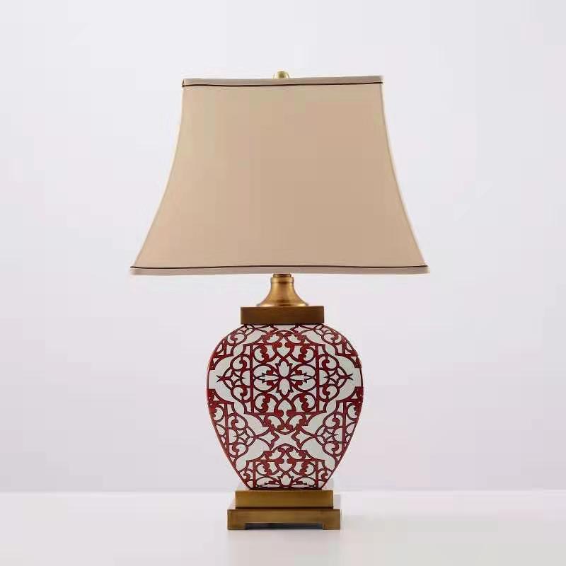 Traditional Chinese Vintage Cone Fabric Red Ceramic Jar Base 1-Light Table Lamp For Bedroom