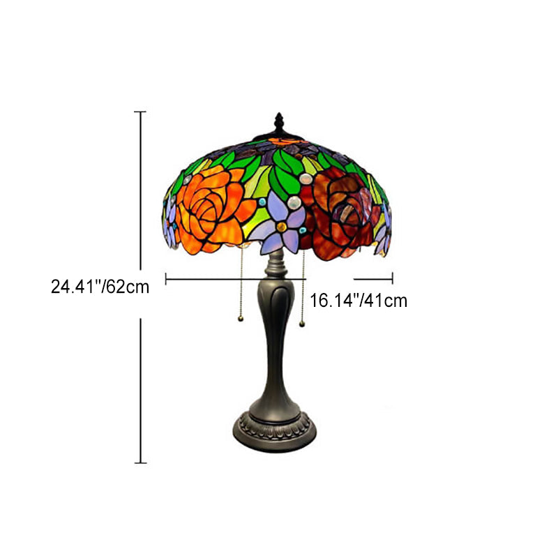 Traditional Tiffany Umbrella Flower Dragonfly Alloy Stained Glass 2-Light Table Lamp For Bedroom