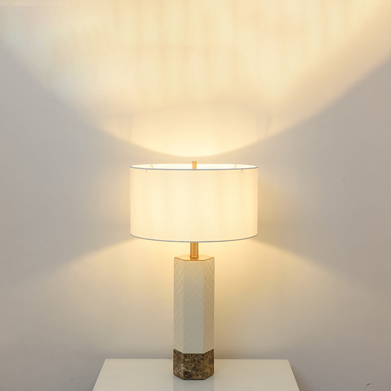 Modern Minimalist Hexagonal Column Round Marble Leather Fabric 1-Light Table Lamp For Bedroom