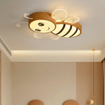 Contemporary Creative Woodgrain Cartoon Animal Bee Aircraft Acrylic LED Kids Flush Mount Ceiling Light For Living Room