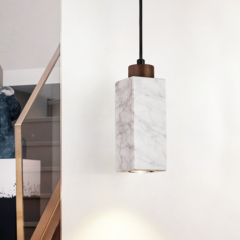 Modern Minimalist Rectangular Solid Wood Marble 1-Light Pendant Light For Bedroom