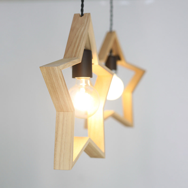 Contemporary Creative Solid Wood Pentagram Star 1-Light Pendant Light For Living Room